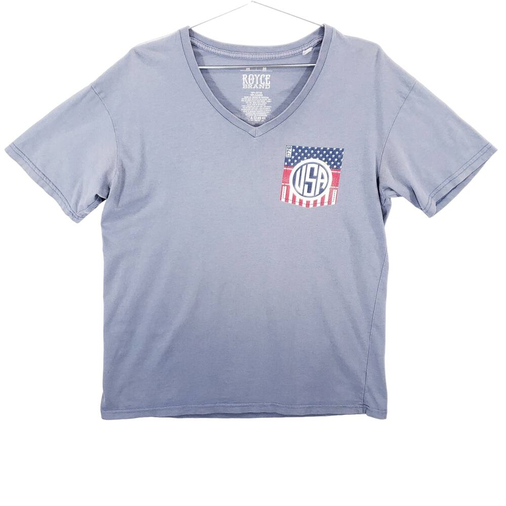 Royce Brand T Shirt Mens Size M Blue USA Founded 1776 Graphic Print V Neck Top